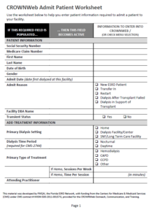 Image of the CROWNWeb Admit Patient Worksheet