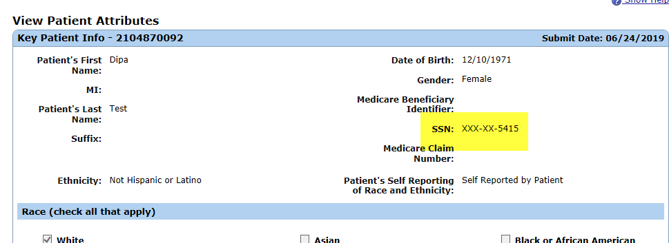 View Patient Attributes screen with masked Social Security Number.
