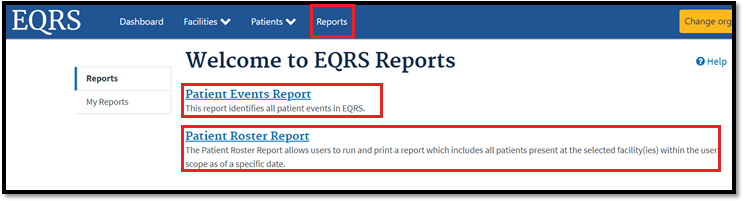 Reports screen of EQRS, with Patient Events Report and Patient Roster Report highlighted by a red box