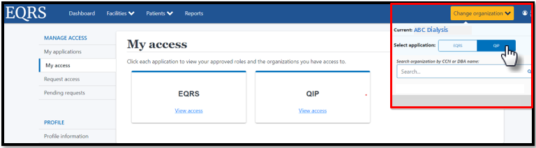 Navigation to the ESRD QIP UI from the Change Organization screen in the EQRS Application.