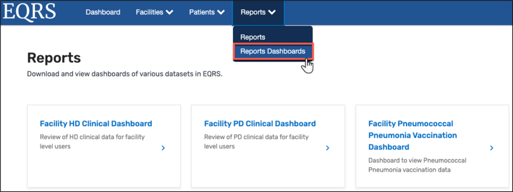 Figure 1 showing the Reports navigation menu expanded with Reports Dashboards being selected.