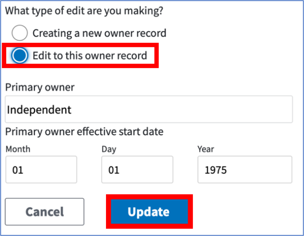 Edit screen for Primary Ownership, highlighting the option of "Edit to this owner record" to specify the edit to primary ownership being made, then "Update" to save any changes made to the record.