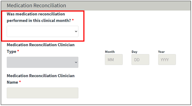 The new Medical Reconciliation Field in EQRS, the field is a drop-down with Yes or No options.