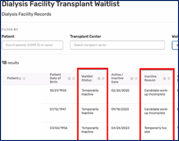 New Inactive Reason Column on Dashboard, highlighting the Waitlist Status to the right of Patient Date of Birth and Inactive Reason to the right of Active/Inactive Date.